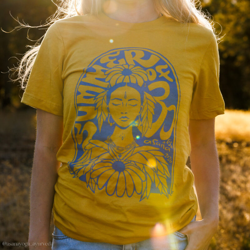 Summer of OM 2026 Unisex Tee Yoga Shirt Golden Blue | Asana x Lisa Chancellor | Hand drawn art.