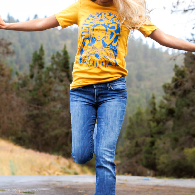 Summer of OM 2026 Unisex Tee Yoga Shirt Golden Blue | Asana x Lisa Chancellor | Hand drawn art.