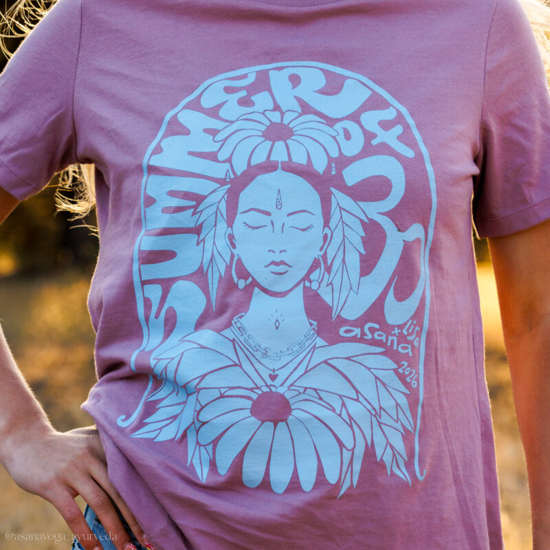 Summer of OM 2026 Women's Relaxed Fit Tee Yoga Shirt Light Violet Sky Blue | Asana x Lisa Chancellor | Hand drawn art.
