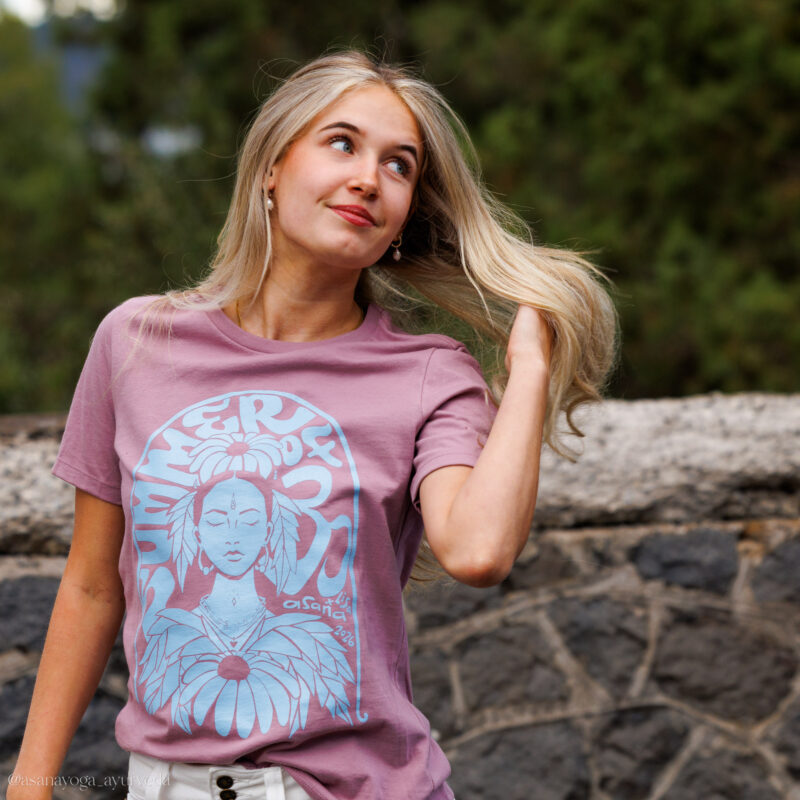 Summer of OM 2026 Women's Relaxed Fit Tee Yoga Shirt Light Violet Sky Blue | Asana x Lisa Chancellor | Hand drawn art.