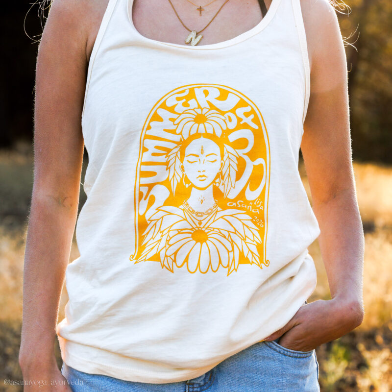 Summer of OM 2026 Women's Racerback Tank Yoga Shirt Natural Golden | Asana x Lisa Chancellor | Hand drawn art.