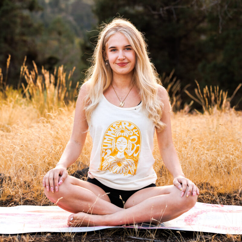 Summer of OM 2026 Women's Racerback Tank Yoga Shirt Natural Golden | Asana x Lisa Chancellor | Hand drawn art.
